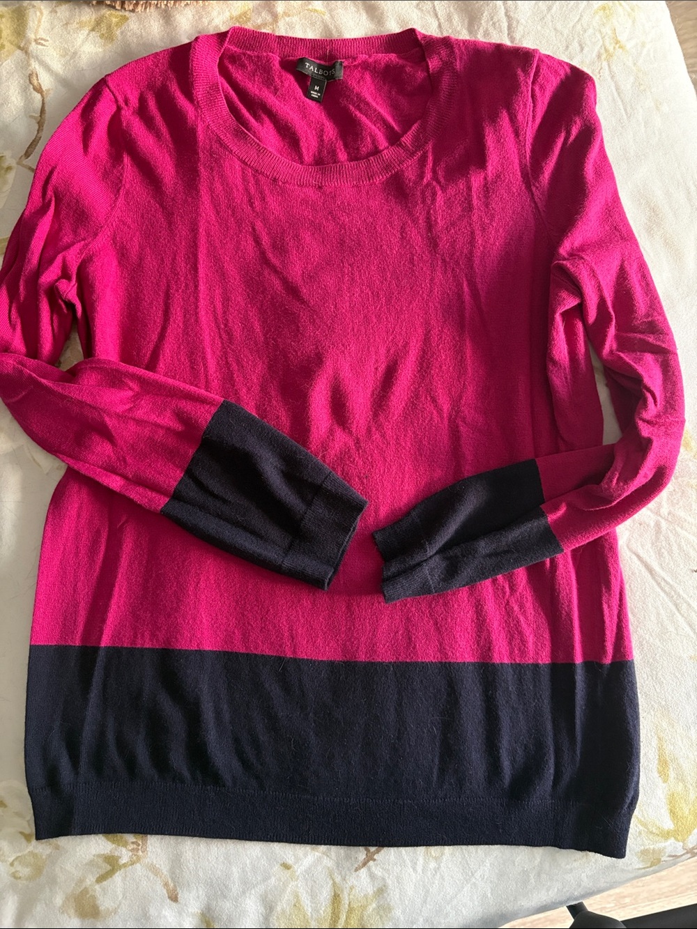 Talbots Fuchsia and Blue Colorblock Crewneck Sweater